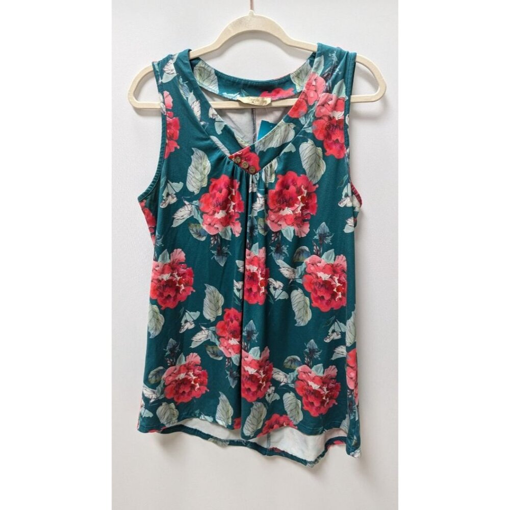 Cestyle Teal Blue/Red Floral Sleeveless Blouse